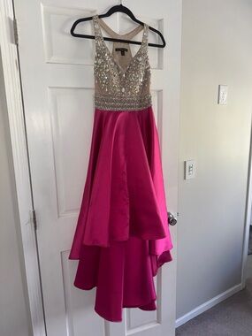 Women’s Fuchsia High-Low Party Dress with Embellished Gold Bodice